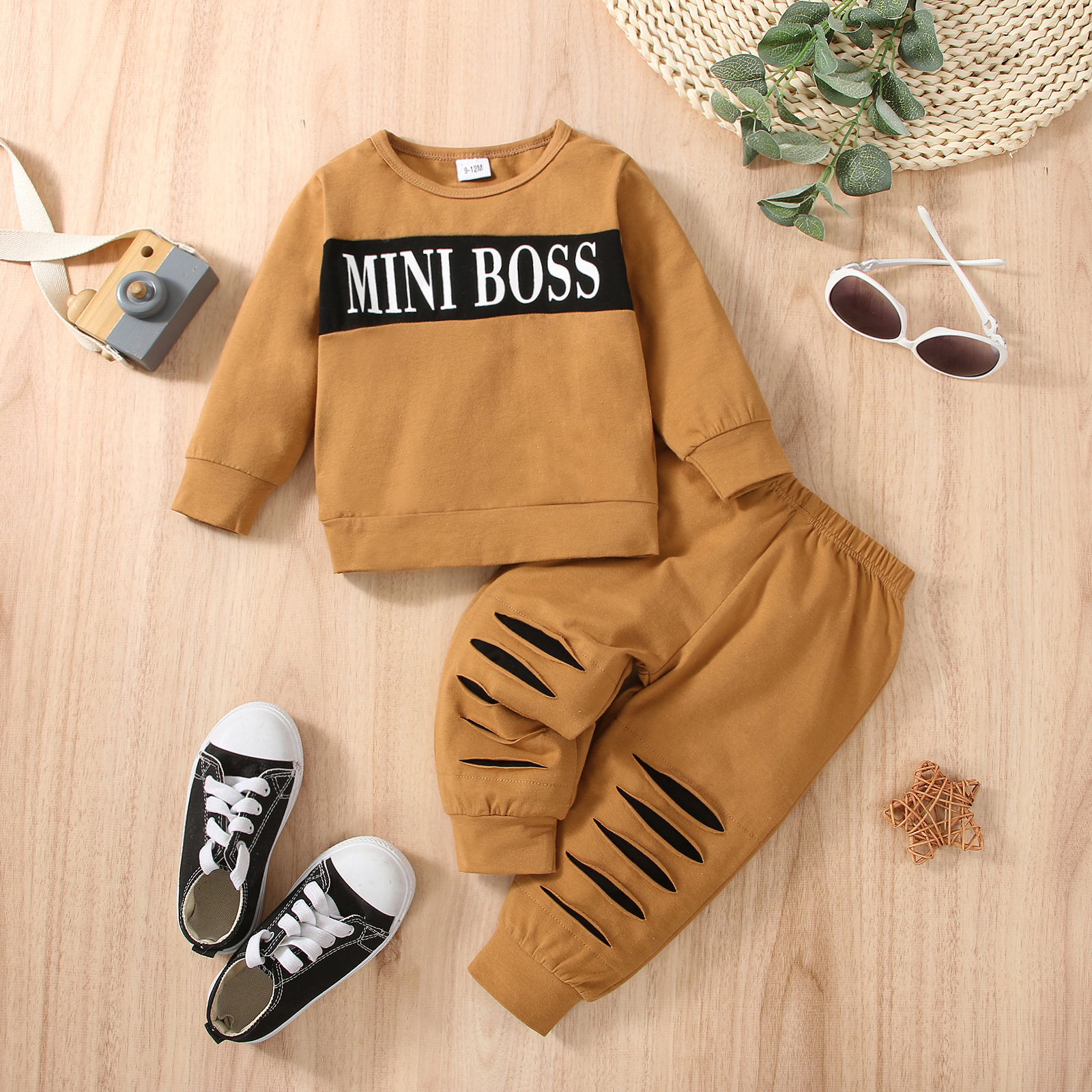 2pcs Baby Boy Letter Print Brown Long-sleeve Pullover and Ripped Pants Set
