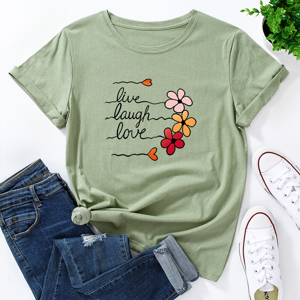 Round collar Floral Litooffset print Short Sleeve casual T-shirt