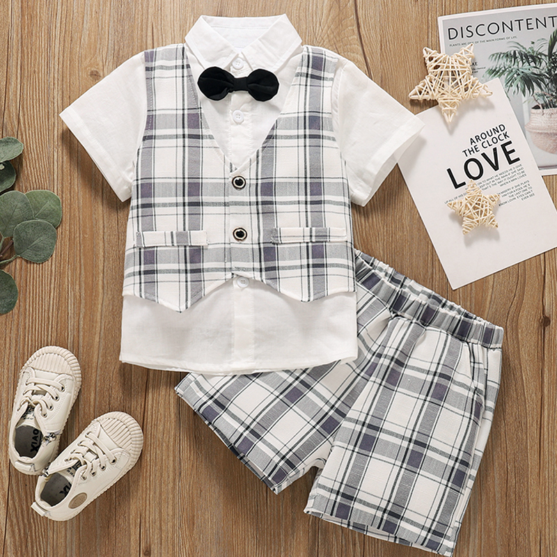 2-piece Toddler Boy Plaid Faux-two Short-sleeve Top with Bow Tie and Elasticized Shorts Party Suit Set
2-piece Toddler Boy Plaid Faux-two Short-sleeve Top with Bow Tie and Elasticized Shorts Party Suit Set