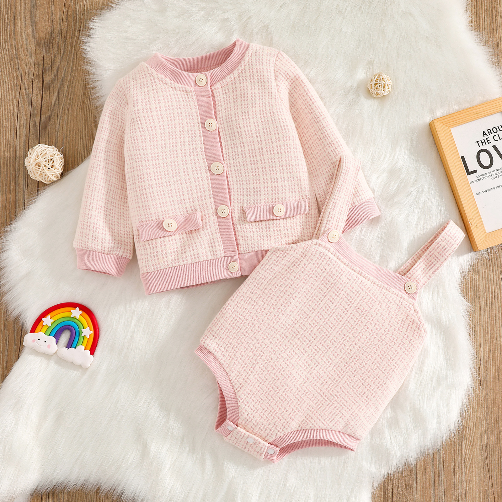 2pcs Baby Girl Pink Cable Knit Button Down Long-sleeve Top and Sleeveless Romper Set
2pcs Baby Girl Pink Cable Knit Button Down Long-sleeve Top and Sleeveless Romper Set
