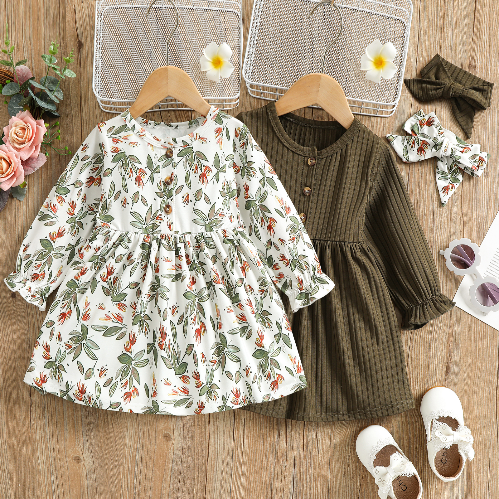 2pcs Baby Girl Ribbed Solid/Floral-print Button Front Long-sleeve Dress with Headband Set
2pcs Baby Girl Ribbed Solid/Floral-print Button Front Long-sleeve Dress with Headband Set