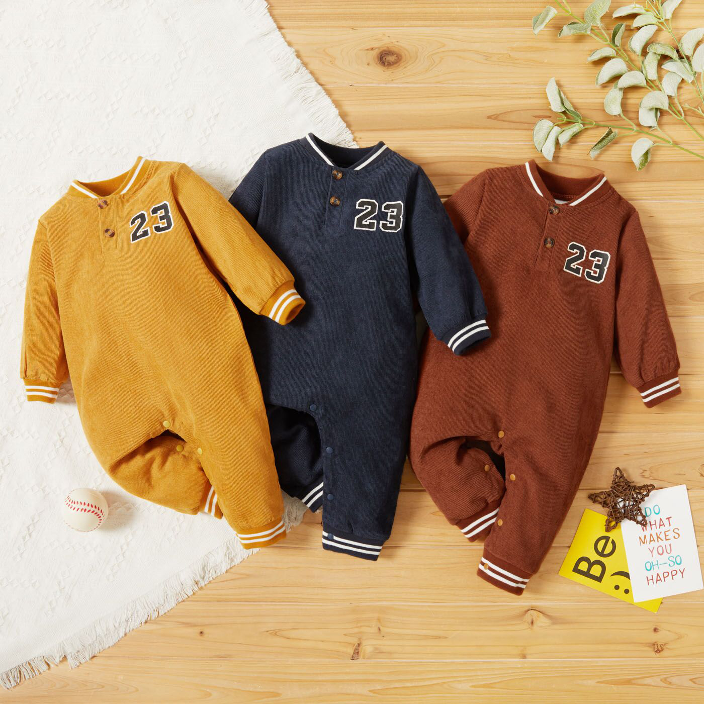 Number Print Solid Baby Long-sleeve Jumpsuit