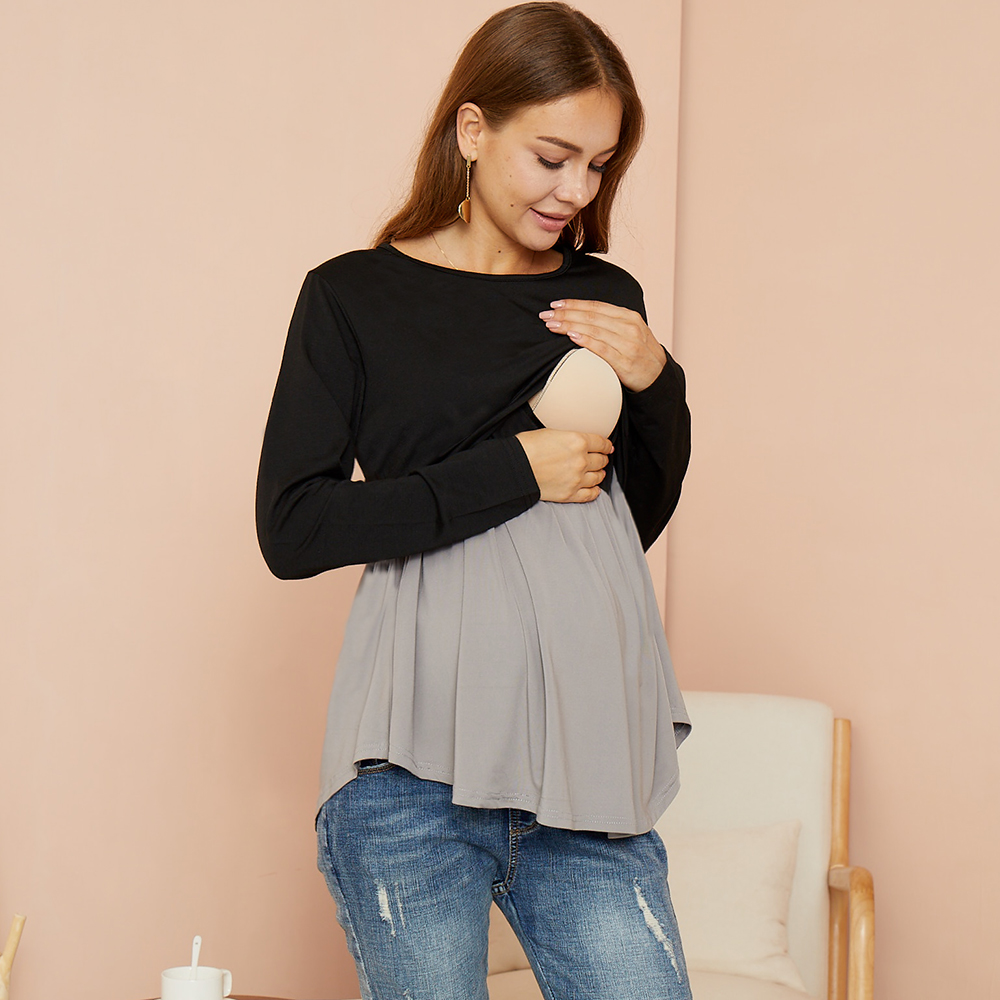 

Maternity Round collar Plain Black Long-sleeve Nursing Tee