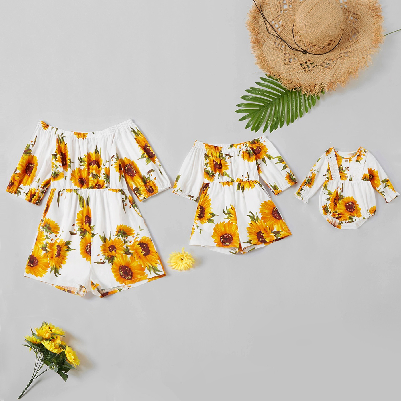 

Sunflower Print Off-shoulder Rompers for Mommy-girl-baby
