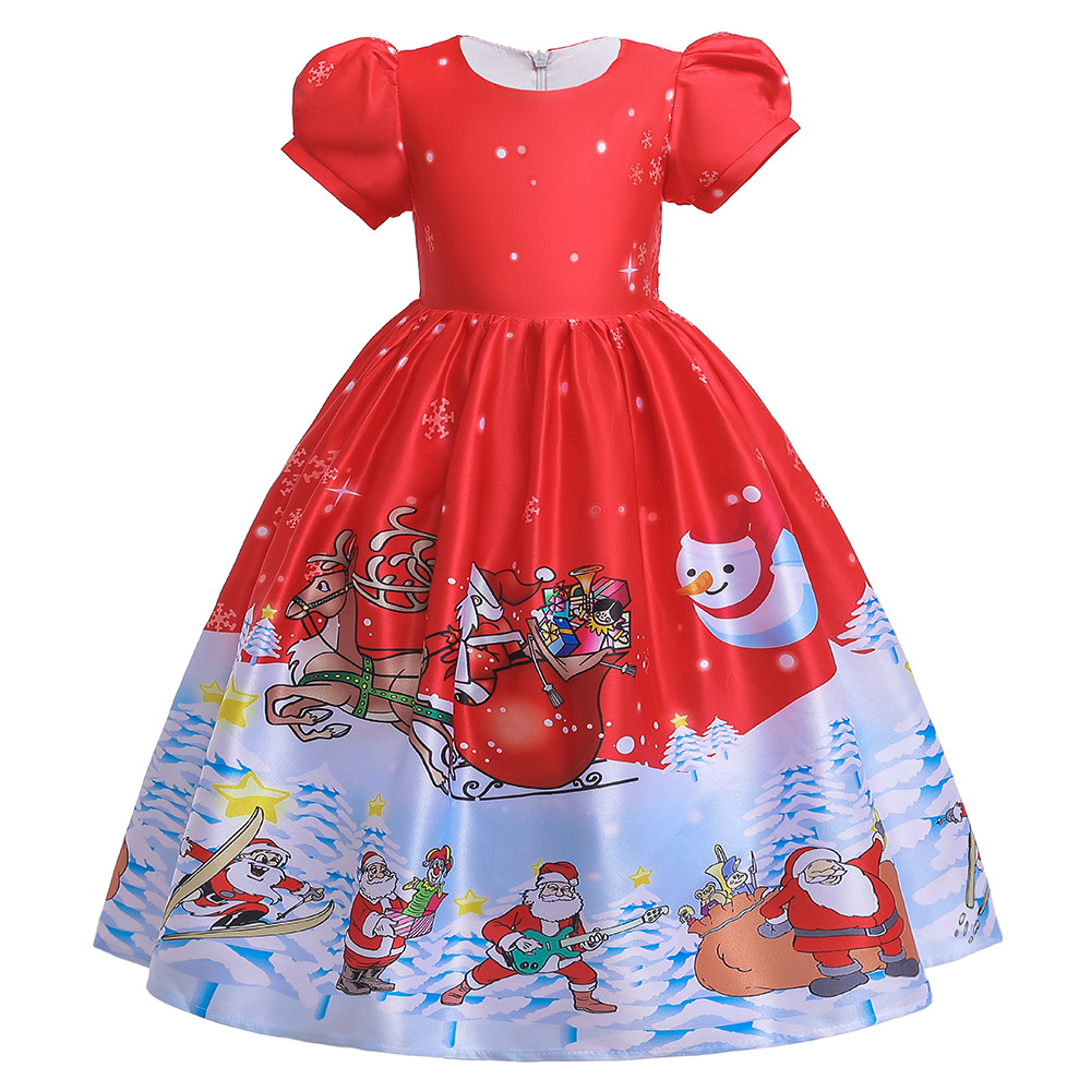 

Beautiful Christmas Snowman Santa Elk Print Party Dress