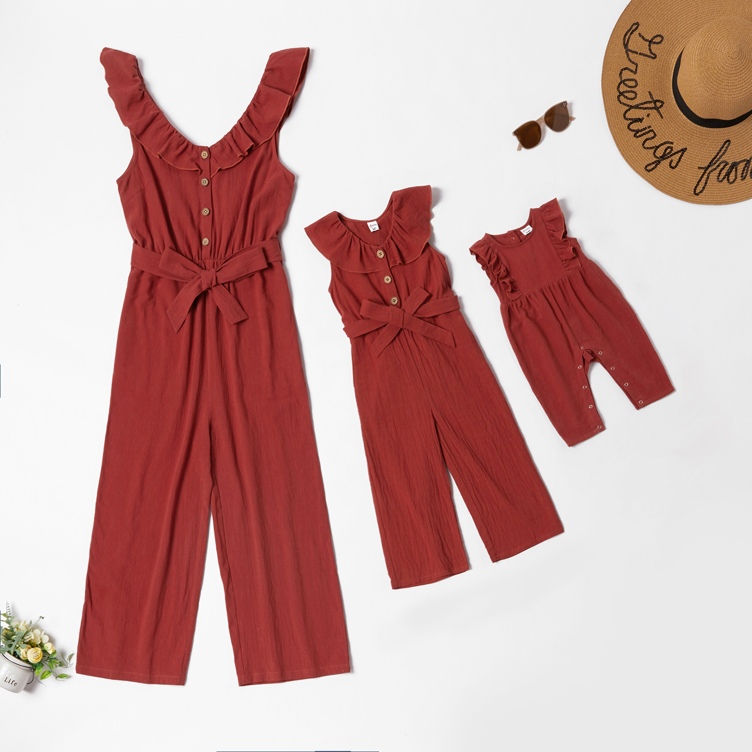 

Mommy and Me 100% Cotton Flounce Decor V-neck Solid Jumpsuits