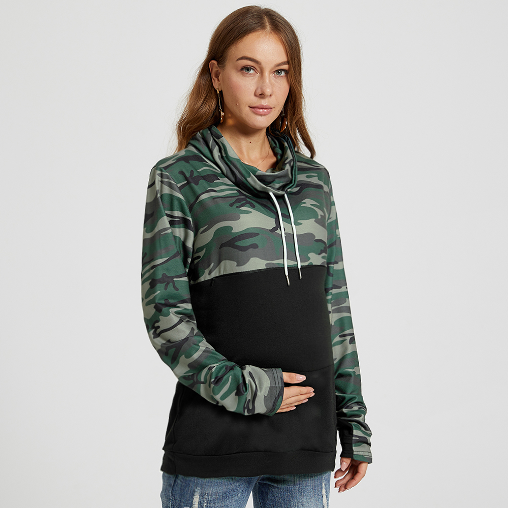 

Maternity Hooded Camouflage Color block Black Nursing Hoodie