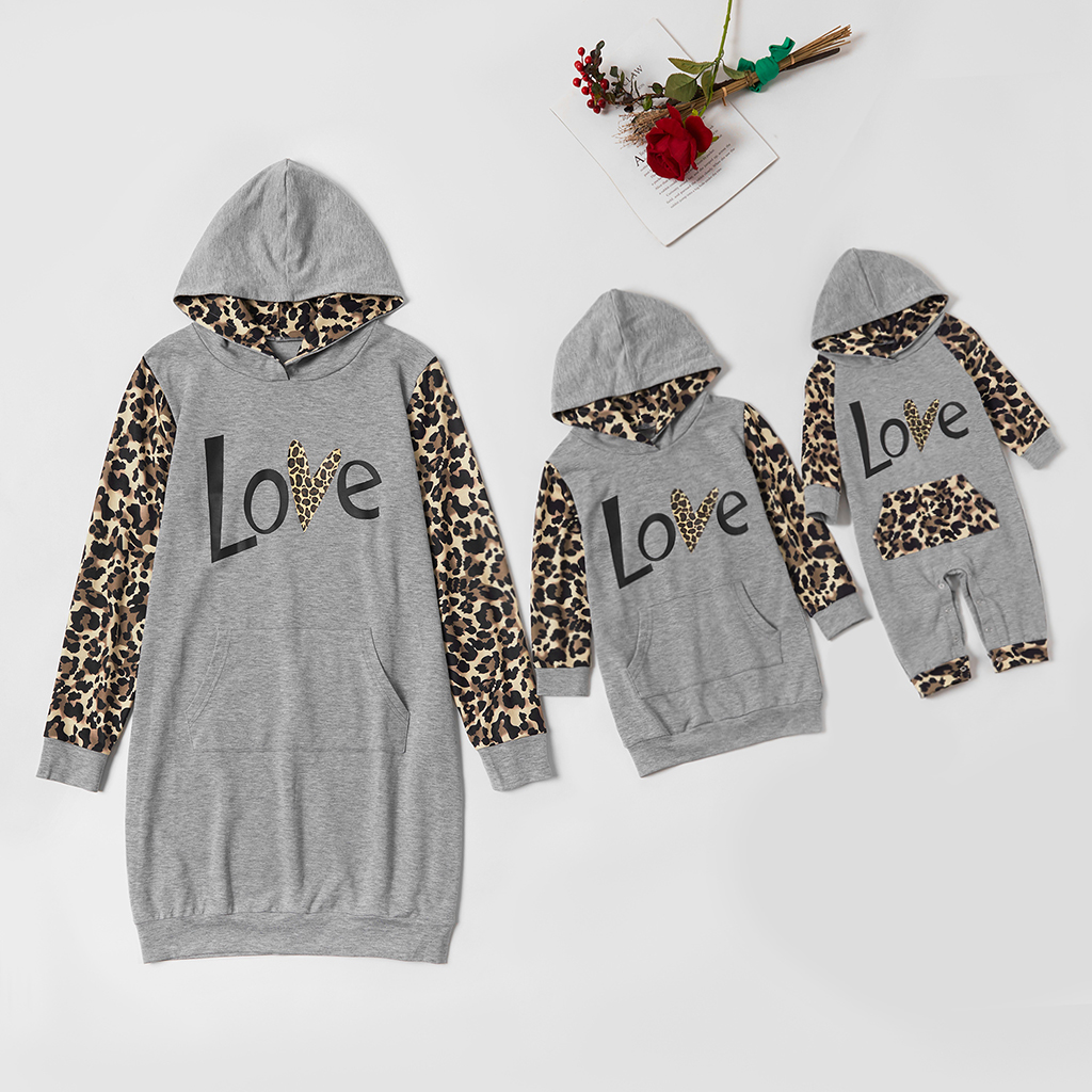 

Leopard Letter Print Hoodies Mini Dresses for Mommy and Me