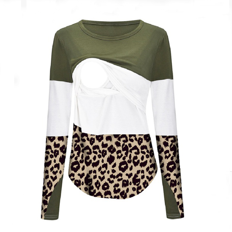 

Maternity Round collar Leopard Color block Long-sleeve Nursing Tee