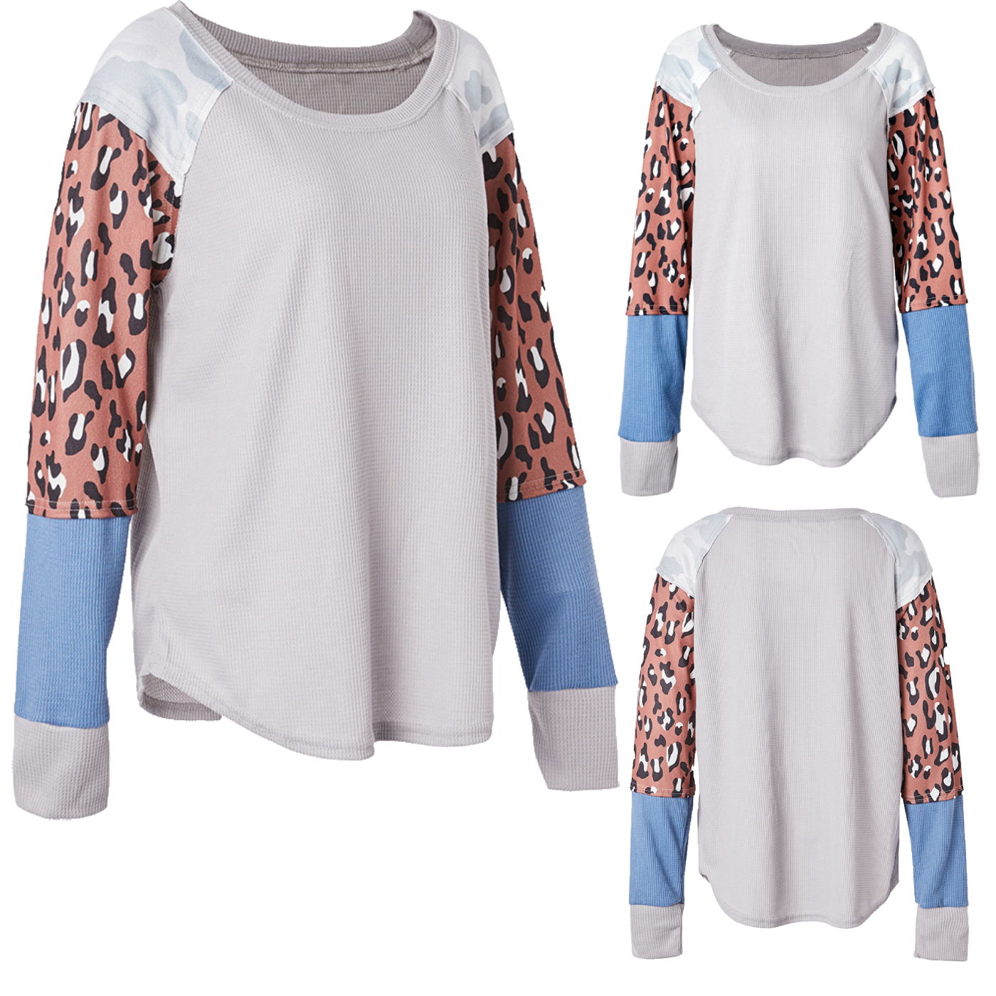 

Round collar Leopard Dark Grey Embroidered patch long sleeve casual T-shirt