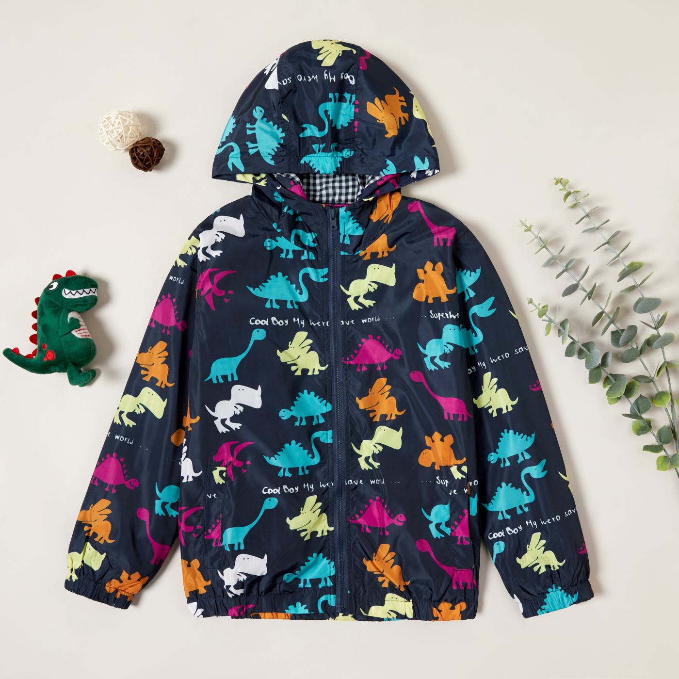 

Stylish Cartoon Dinosaur Allover Print Zipper Hooded Jacket Coat