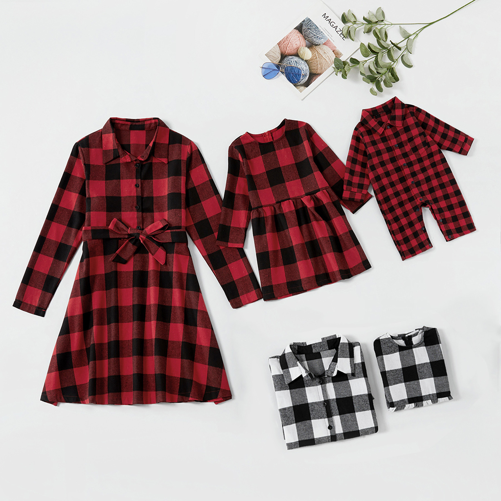 

Christmas Red Plaid Lapel Long-sleeve Belted Shirt Dress for Mom and Me