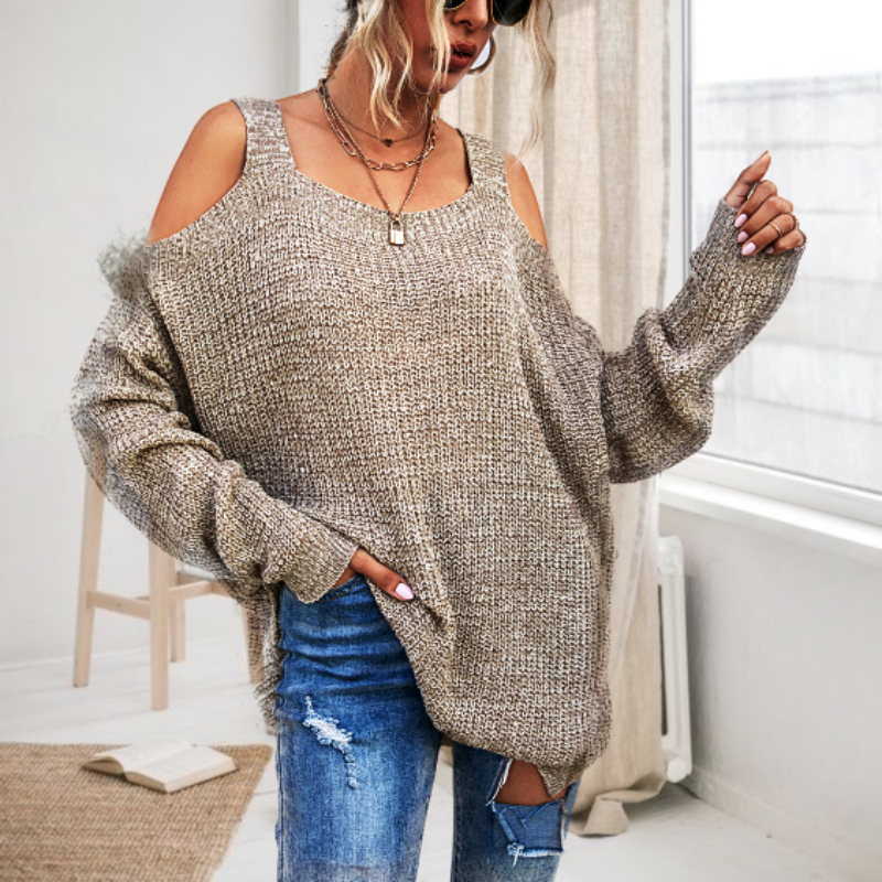 

Off the Shoulder Khaki Plain long sleeve Sexy Pullovers