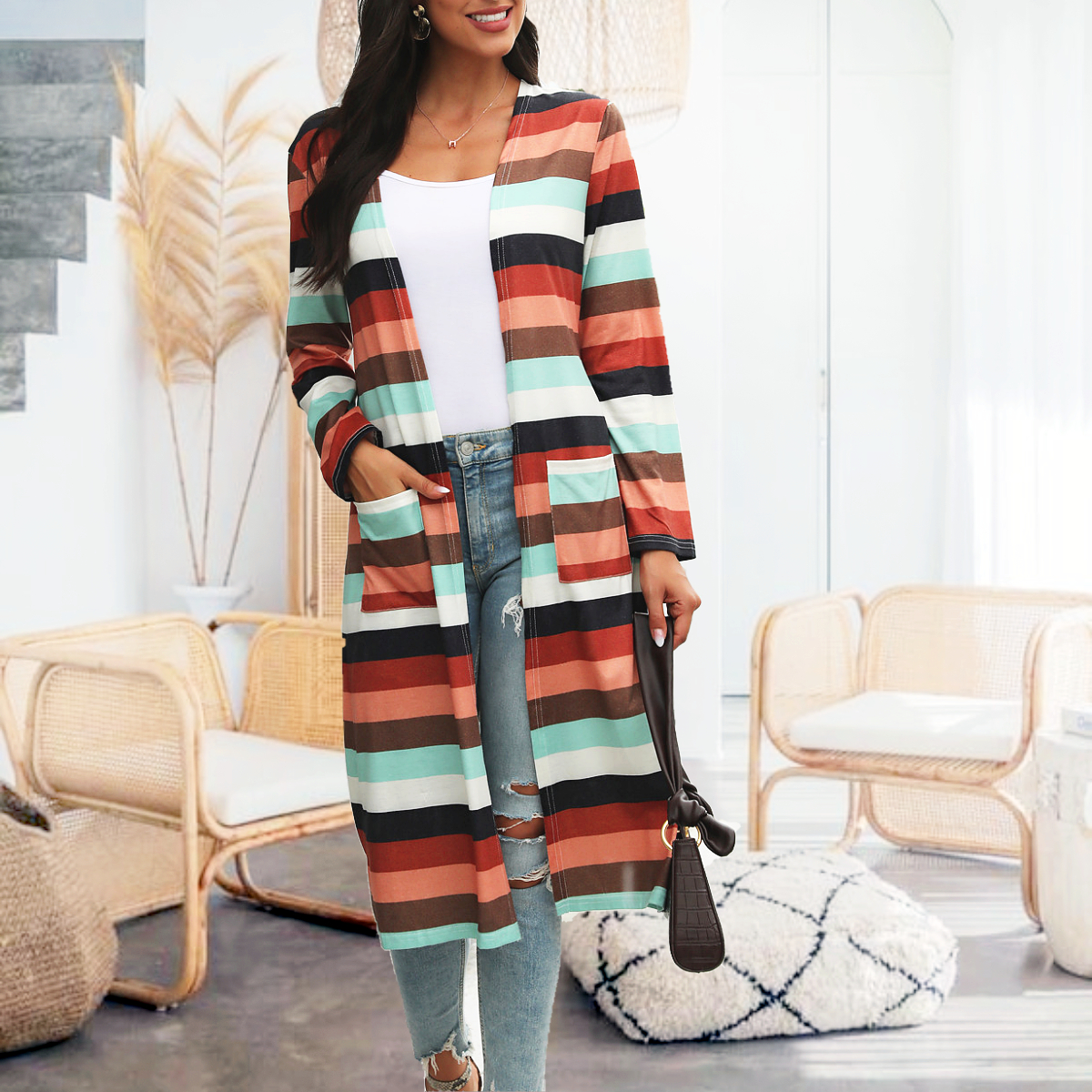 

casual Stripes medium length Coats