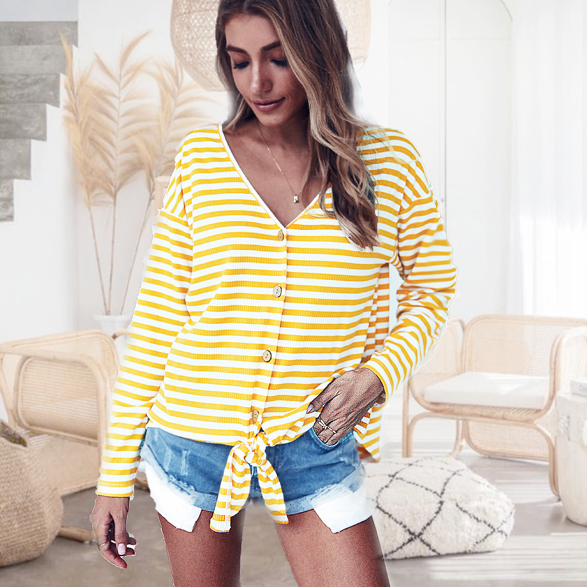 

V-neck Stripes Color block long sleeve casual T-shirt