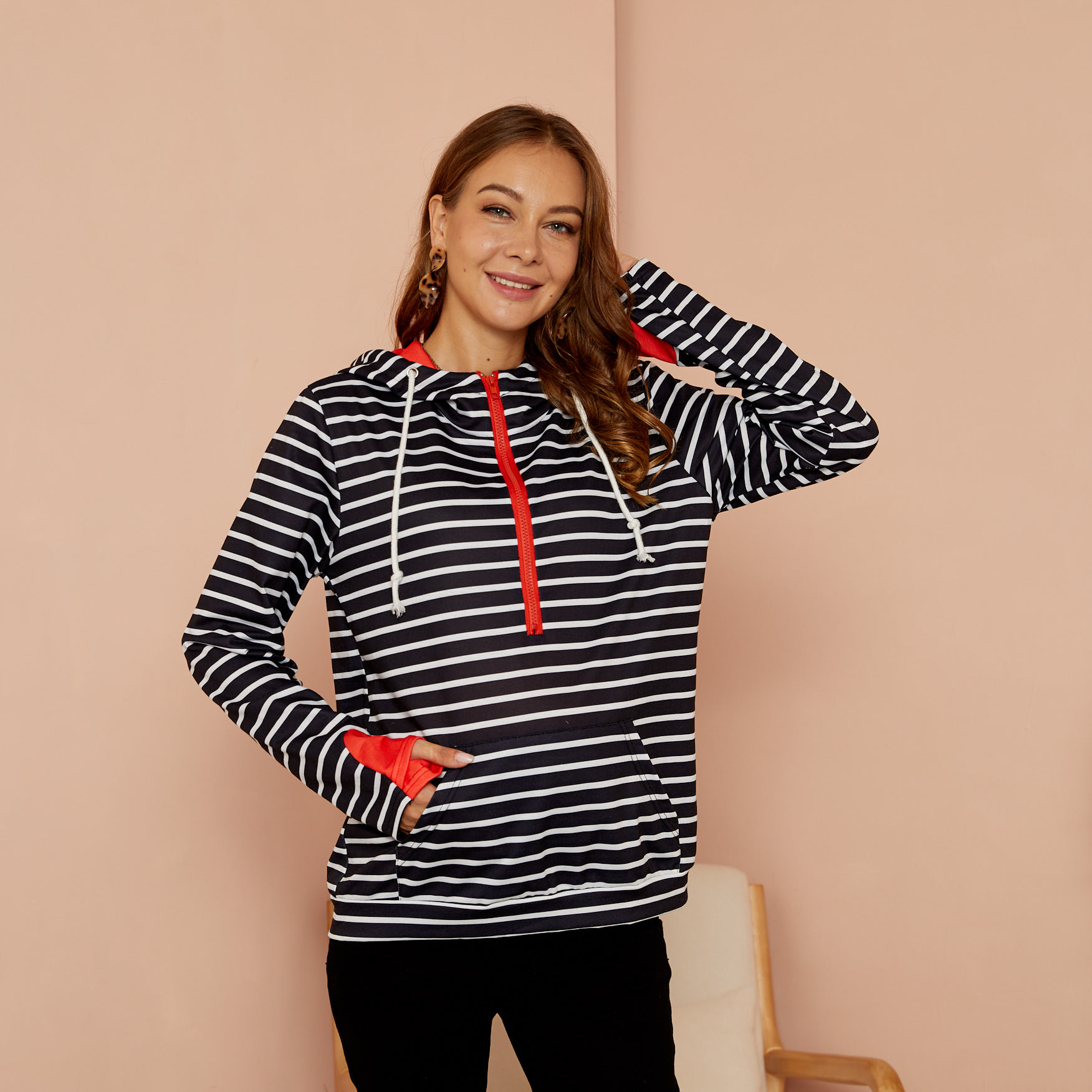 

Maternity Hooded Stripes full print Black/White Hoodie