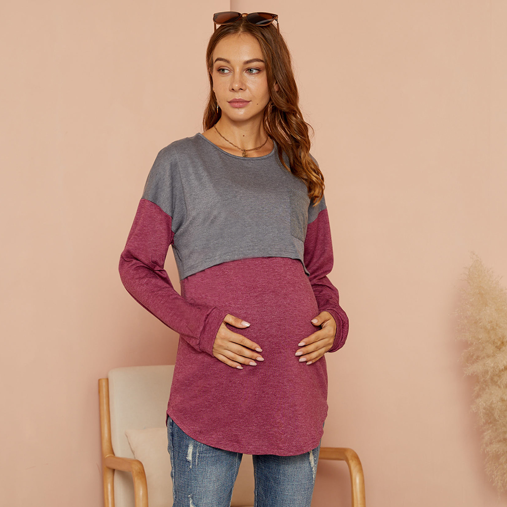 

Maternity Round collar Color Block Color block Grey Long-sleeve Nursing Tee
