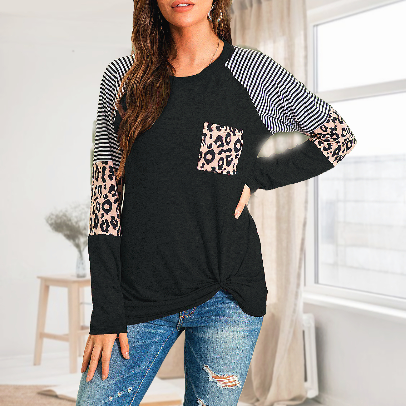 

Round collar Stripes Color block long sleeve casual T-shirt