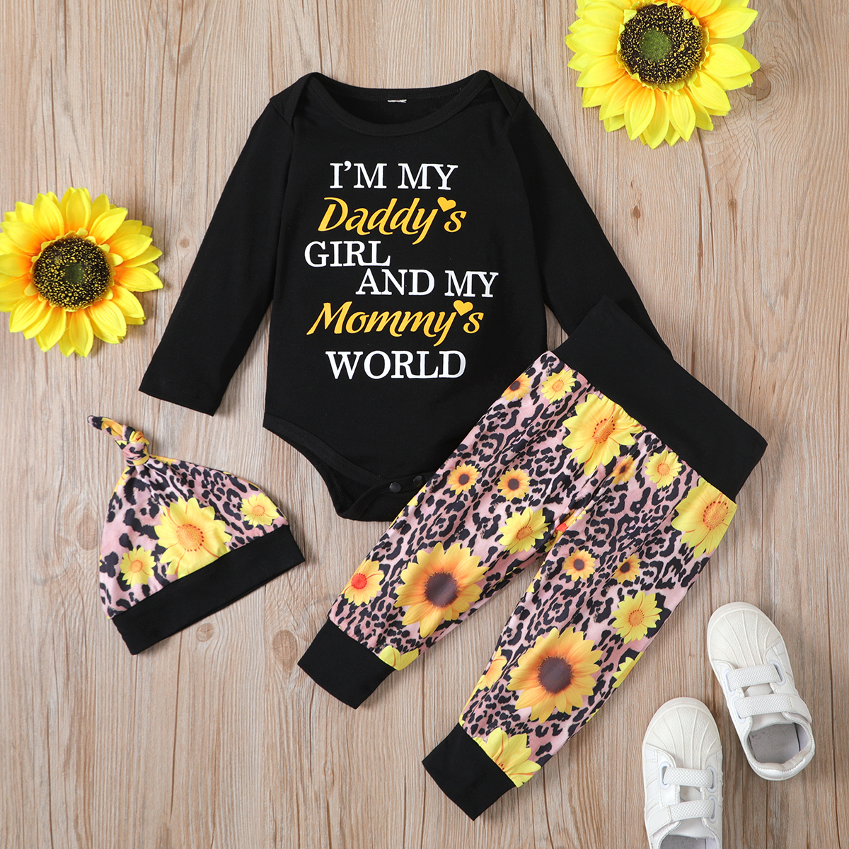 

3pcs Baby Girl Sweet Sunflowers Baby's Sets Long Sleeve Romper Infant Clothing Outfits