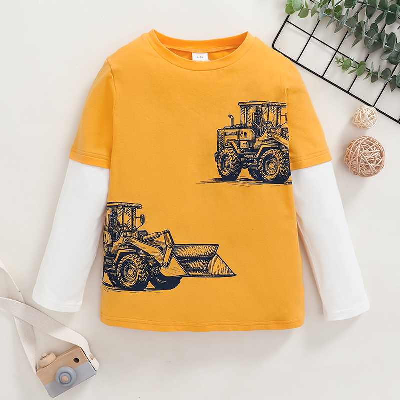 

Trendy Pushdozer Print Faux-two Longsleeves Tee