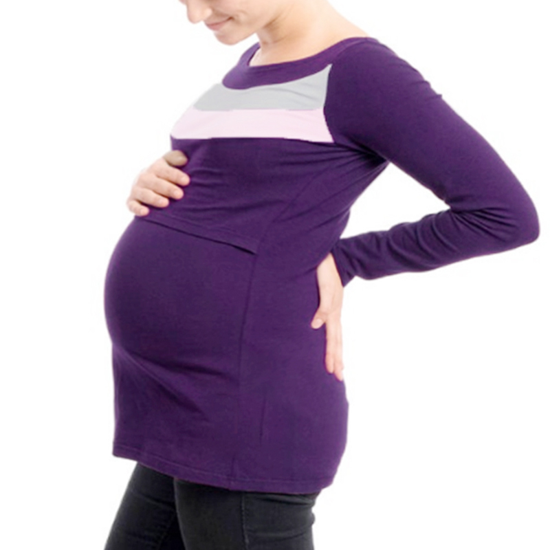 

Maternity Round collar Color Block Color block Purple Long-sleeve Nursing Tee