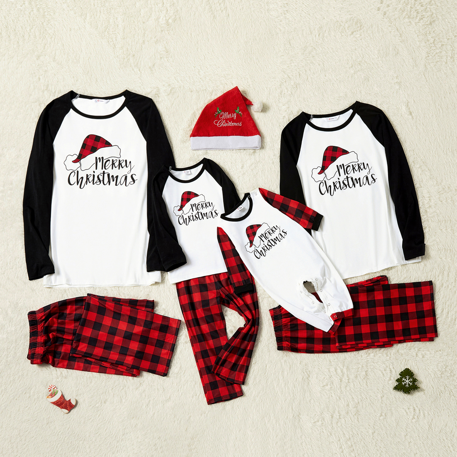 

Family Matching Christmas Hat Print Plaid Pajamas Sets (Flame Resistant)