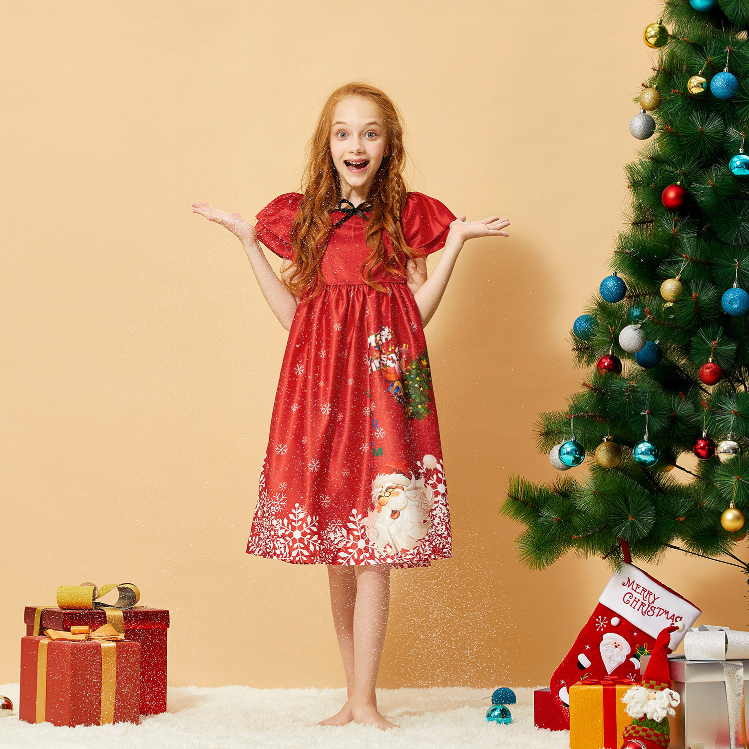 

Beautiful Christmas Print Short-sleeve Party Dress