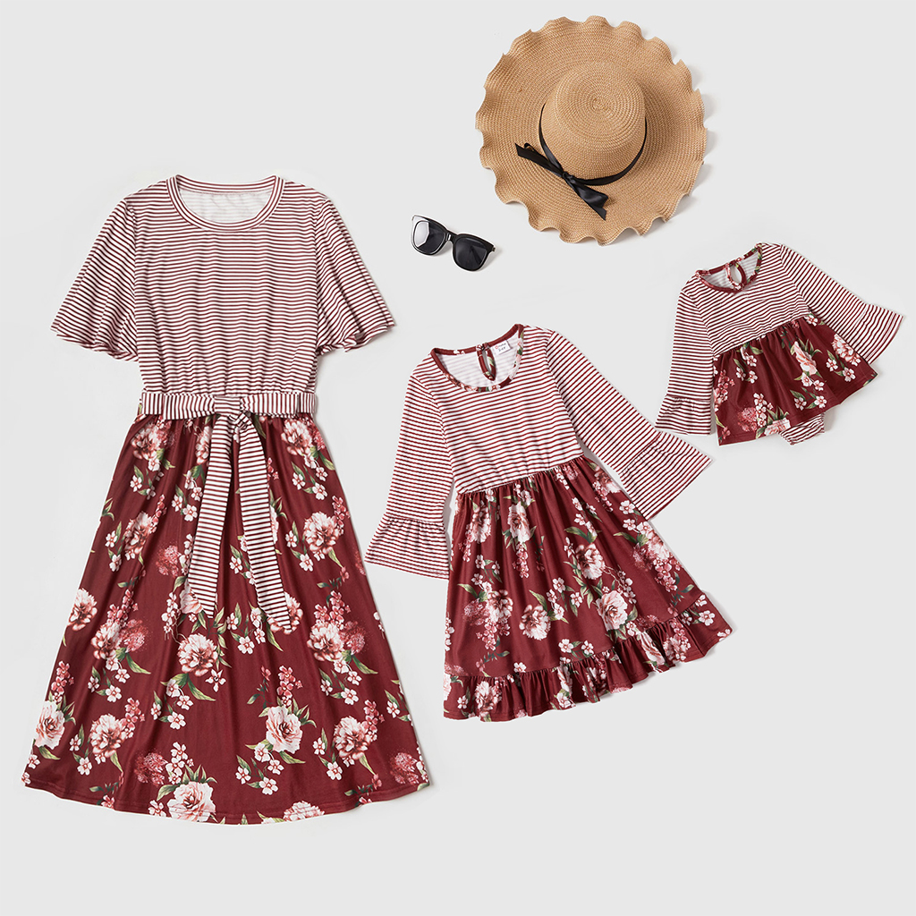 

Mommy and Me Striped Stitching Floral Print Dresses