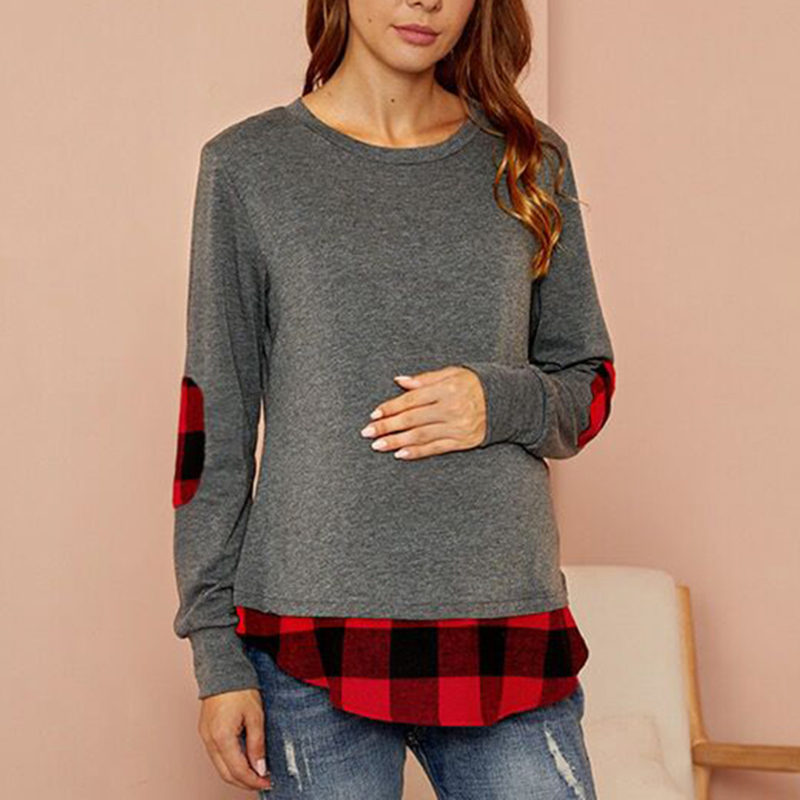 

Maternity Round collar Plaid Color block Dark Grey T-shirt