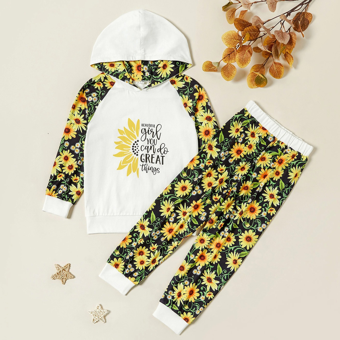 

Trendy Sunflower Print Hooded Sweatshirt and Pants Set