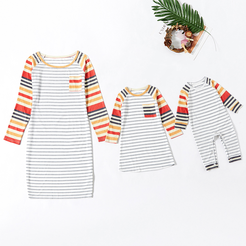 

Long-sleeve Striped Stitching Dresses for Mommy-girl-baby