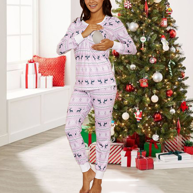 

Maternity Santa Claus full print Multi-color Pants suit
