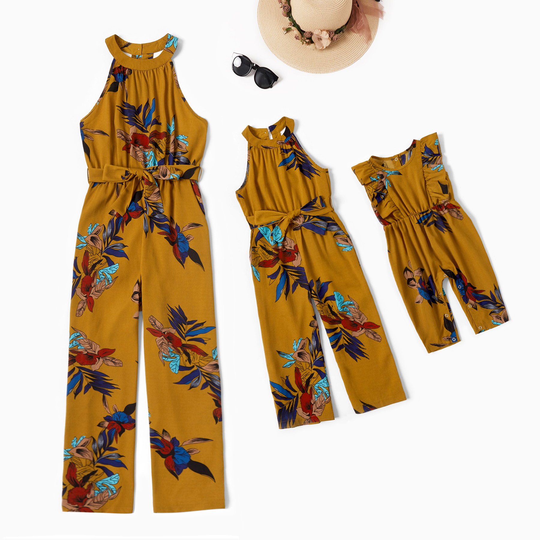 

Flower Print Sleeveless Jumpsuits for Mommy-girl-baby