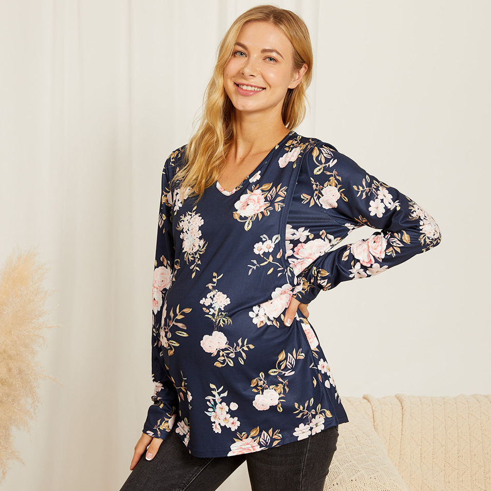 

Maternity Round collar Floral full print Dark Blue Long-sleeve Nursing Tee
