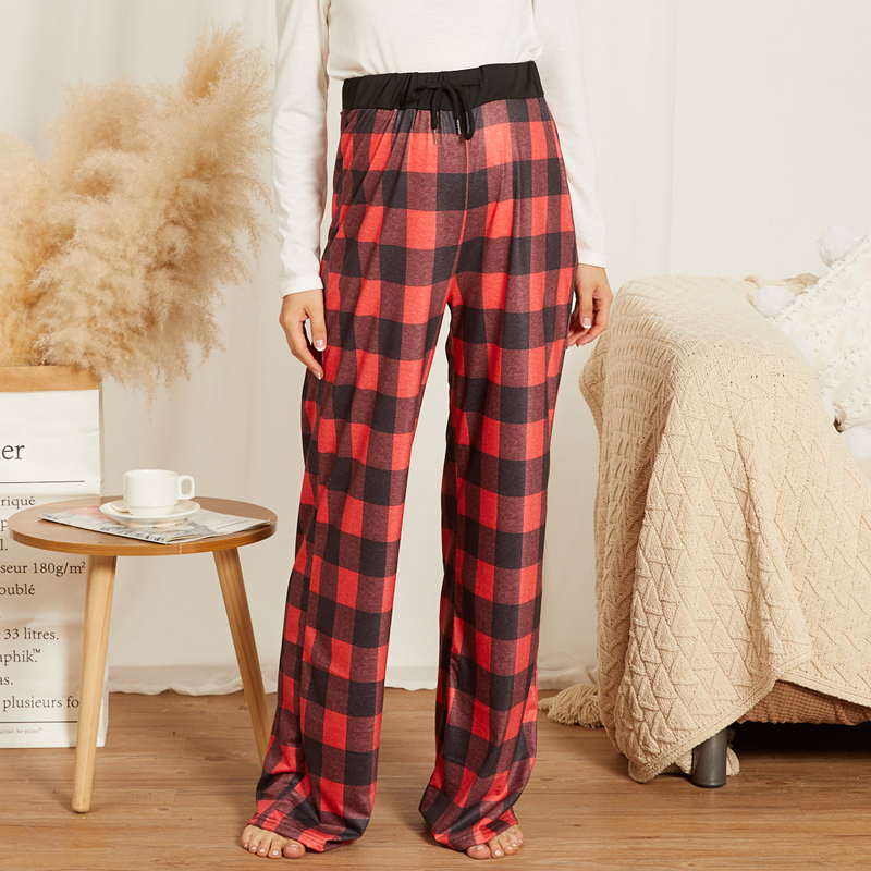 

Maternity casual Plaid full print Burgundy Casual pants
