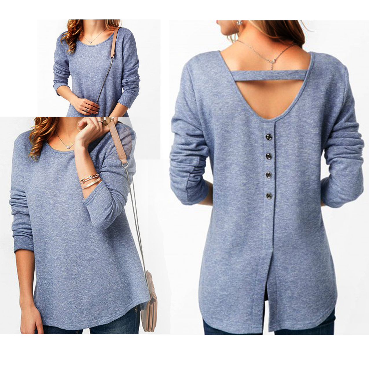 

Round collar Light Blue Plain long sleeve casual T-shirt