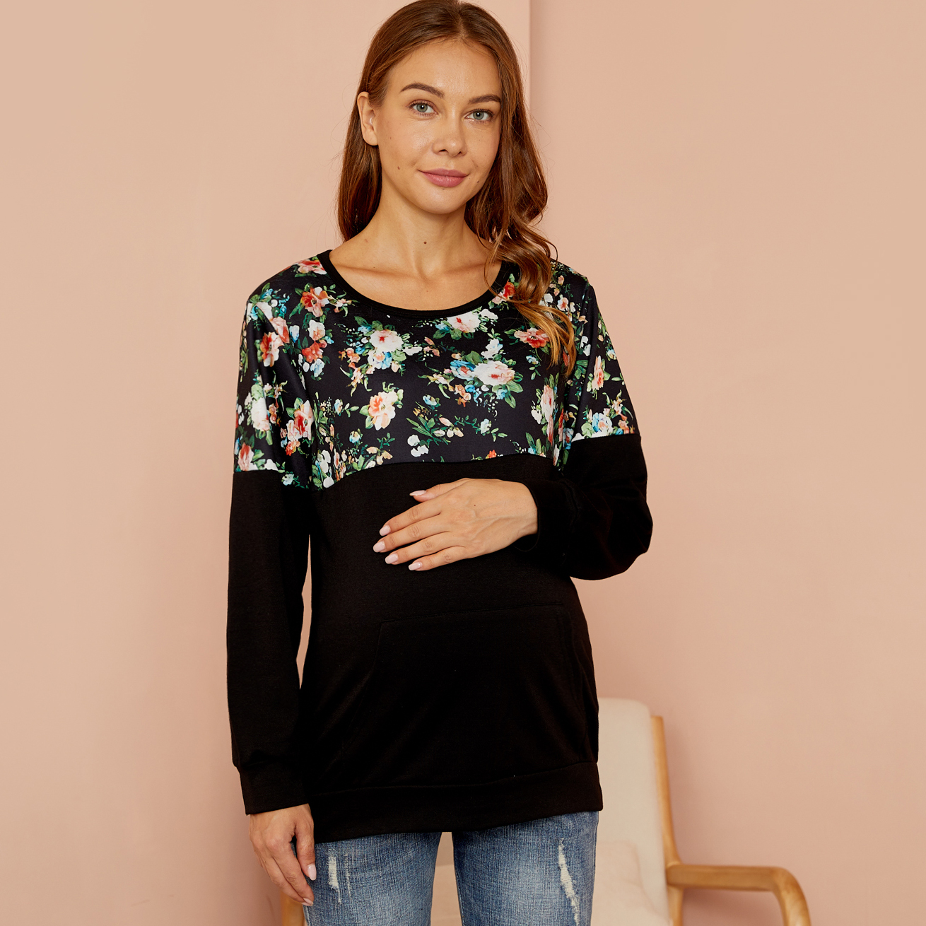

Maternity Hooded Color Block full print Black Nursing Hoodie