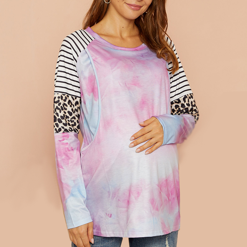 

Maternity Round collar full print Color block Long-sleeve Nursing Tee