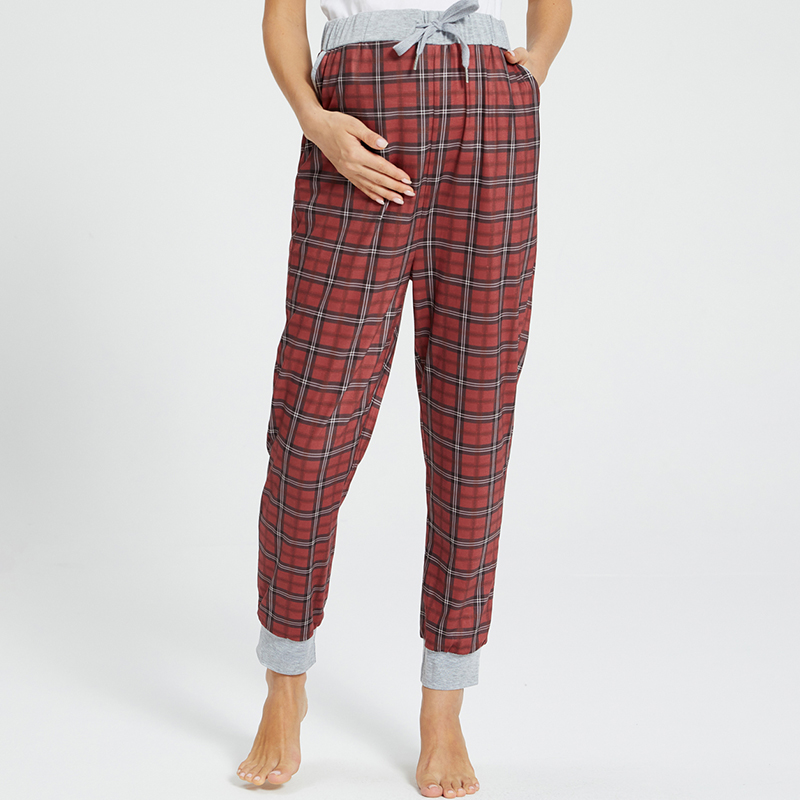 

Maternity casual Plaid full print Burgundy Casual pants