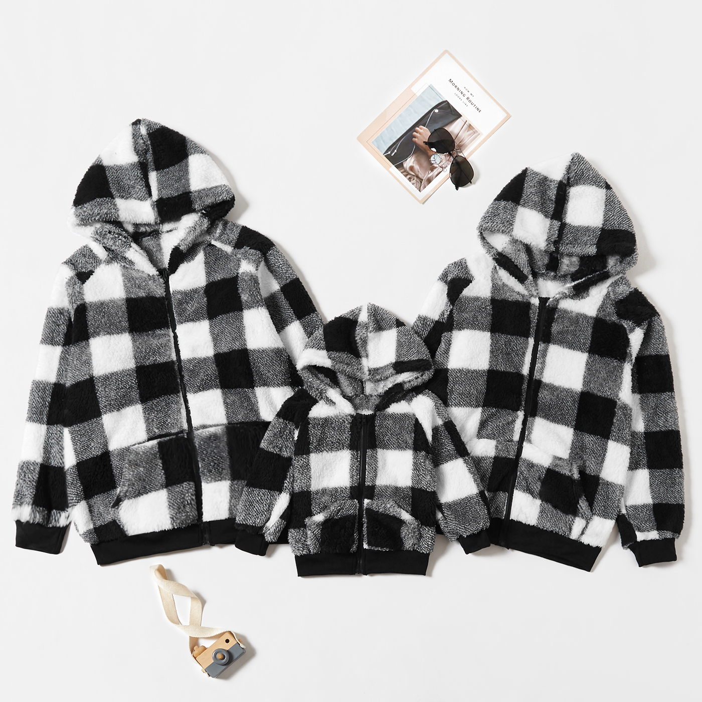 

Family Matching Plaid Zipper Hoodies Plush Coats