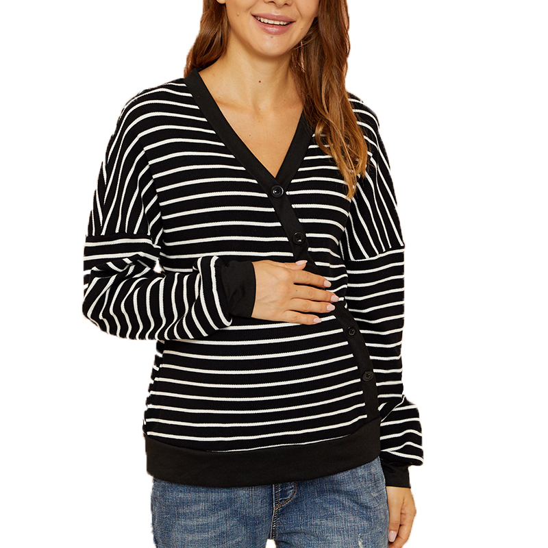 

Maternity V-neck Stripes full print Black/White Long-sleeve Nursing Tee