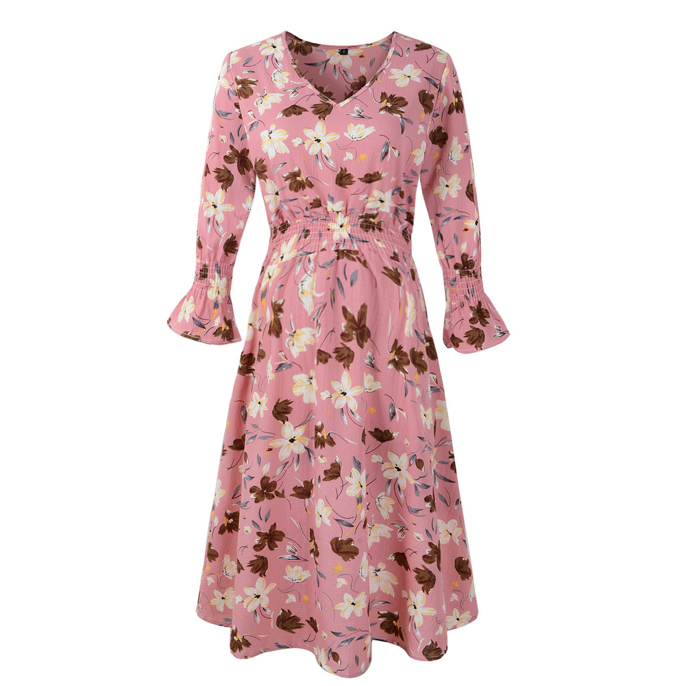 

Maternity V-neck Floral full print Pink Knee length A Long-sleeve Dress