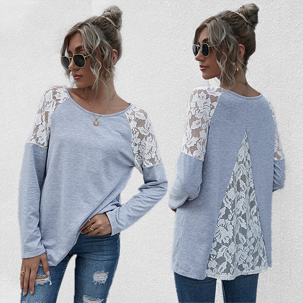 

Round collar Light Grey Color block long sleeve casual T-shirt