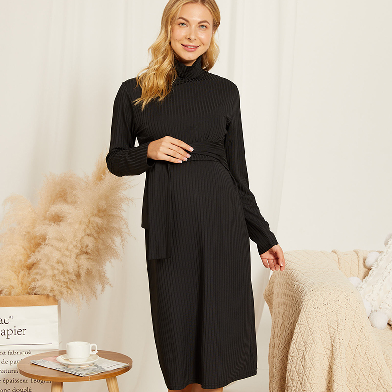 

Maternity High collar Plain Black Midi Slip Long-sleeve Dress