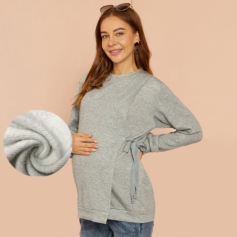 

Maternity Round collar Plain Grey Nursing Hoodie