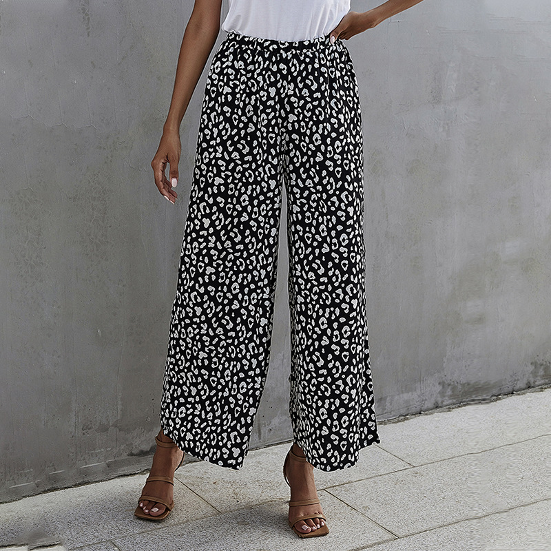 

casual Leopard Black high-waist Wide trousers pants