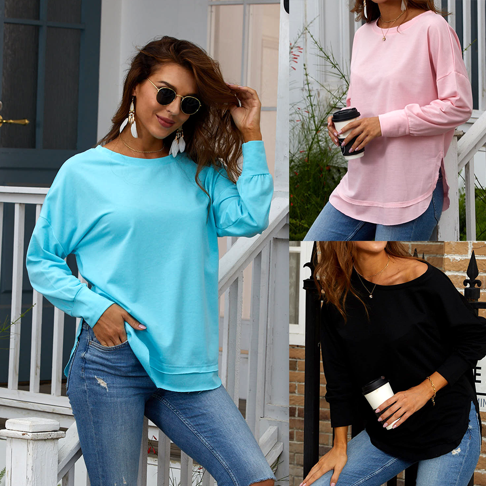 

Round collar Plain long sleeve casual T-shirt