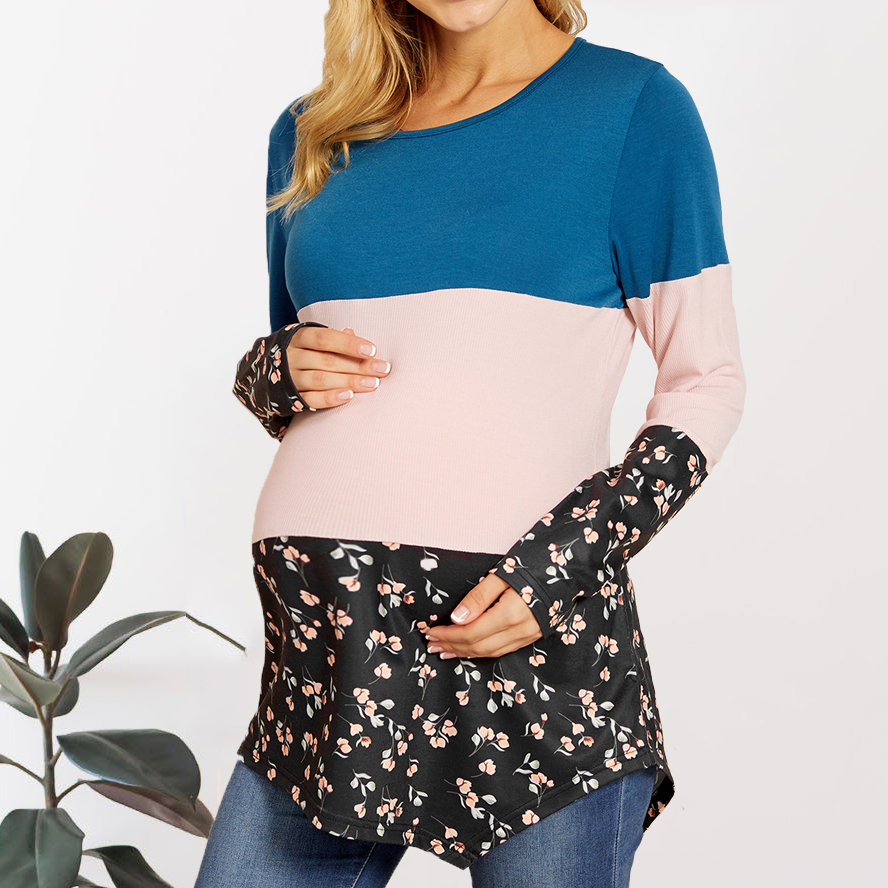 

Maternity Round collar Floral Color block T-shirt