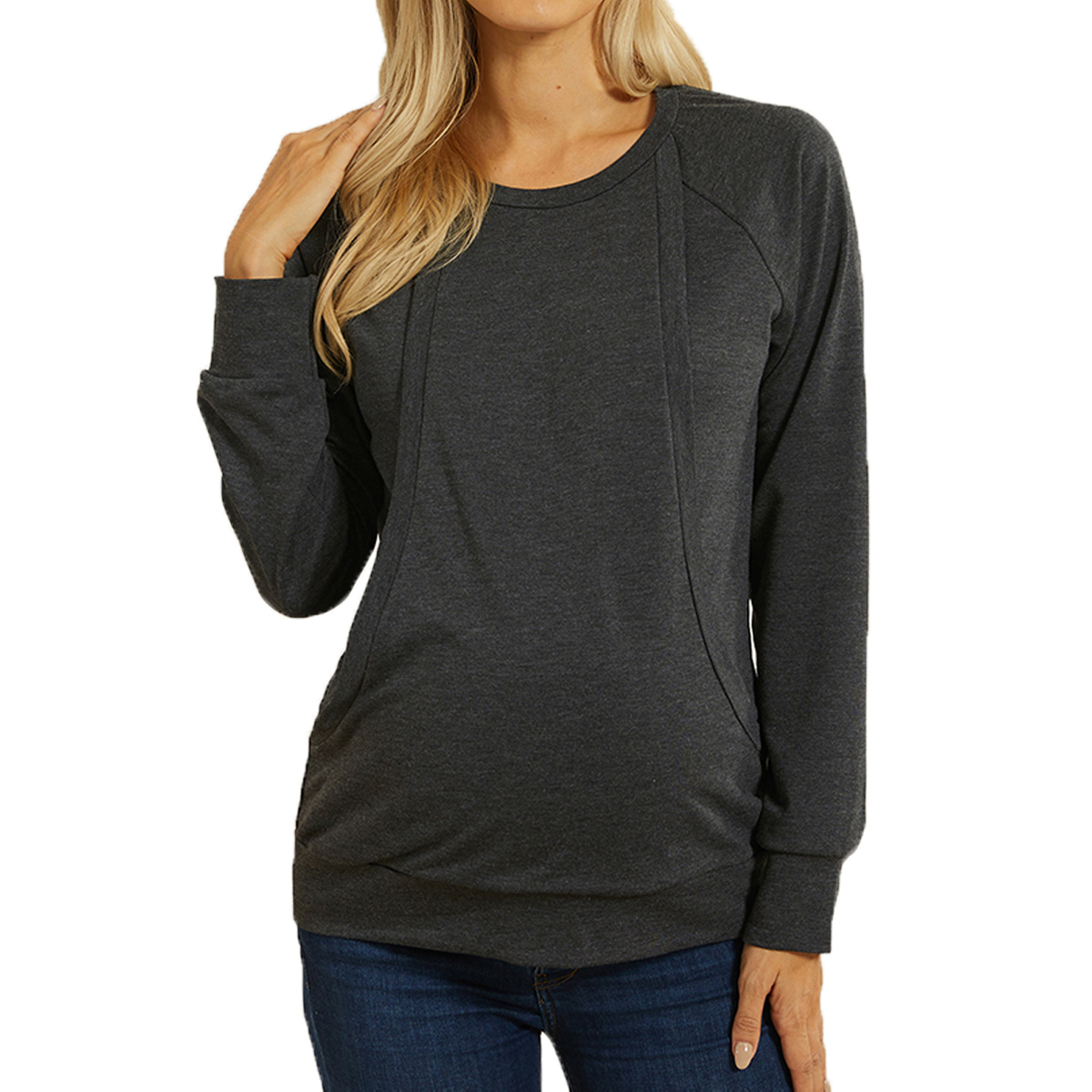 

Maternity Round collar Plain Dark Grey Nursing Hoodie
