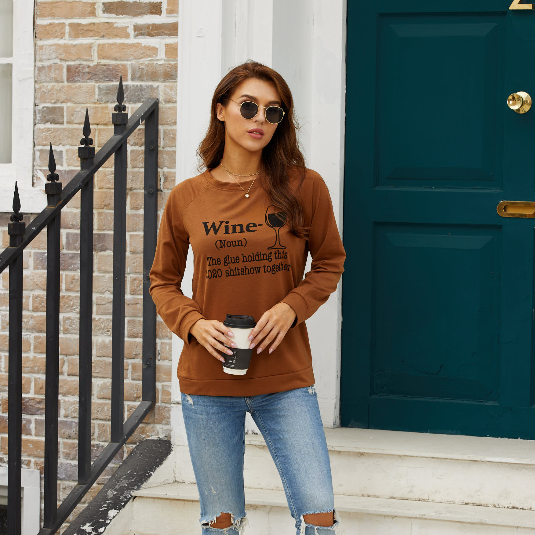 

Round collar Letter Litooffset print long sleeve normal Pullover